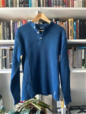 Iron Heart waffle knit long sleeved thermal henley indigo dyed